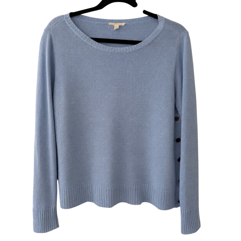 Eileen Fisher Organic Linen Knit Sweater M Dusty Blue Side Button Scoop Neck